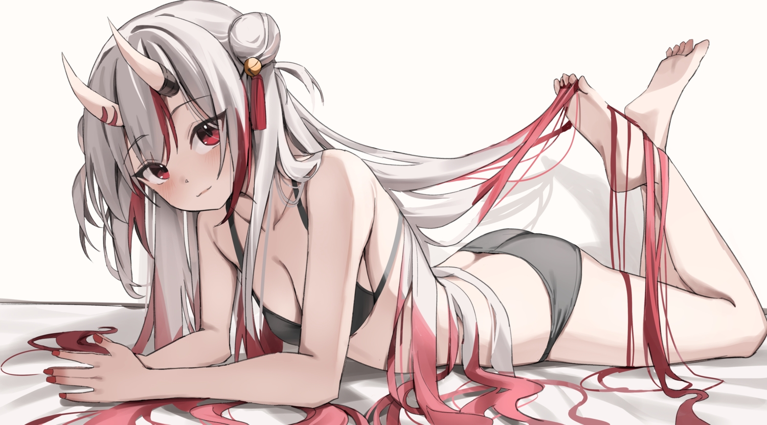 ass, barefoot, bell, bra, breasts, cleavage, demon, gray_hair, hololive, horns, long_hair, nakiri_ayame, panties, red_eyes, scarlet_(wv0102), sketch, underwear