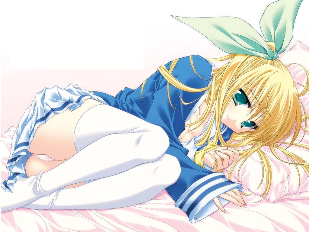 bed, blonde_hair, like_life, long_hair, miyasato_yumi, panties, ribbons, thighhighs, underwear
