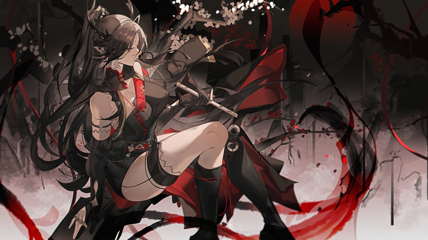 animal_ears, arknights, boots, breasts, cleavage, elbow_gloves, flute, garter, gloves, gradient, horns, instrument, krao, long_hair, polychromatic, ponytail, qiubai_(arknights), red_eyes