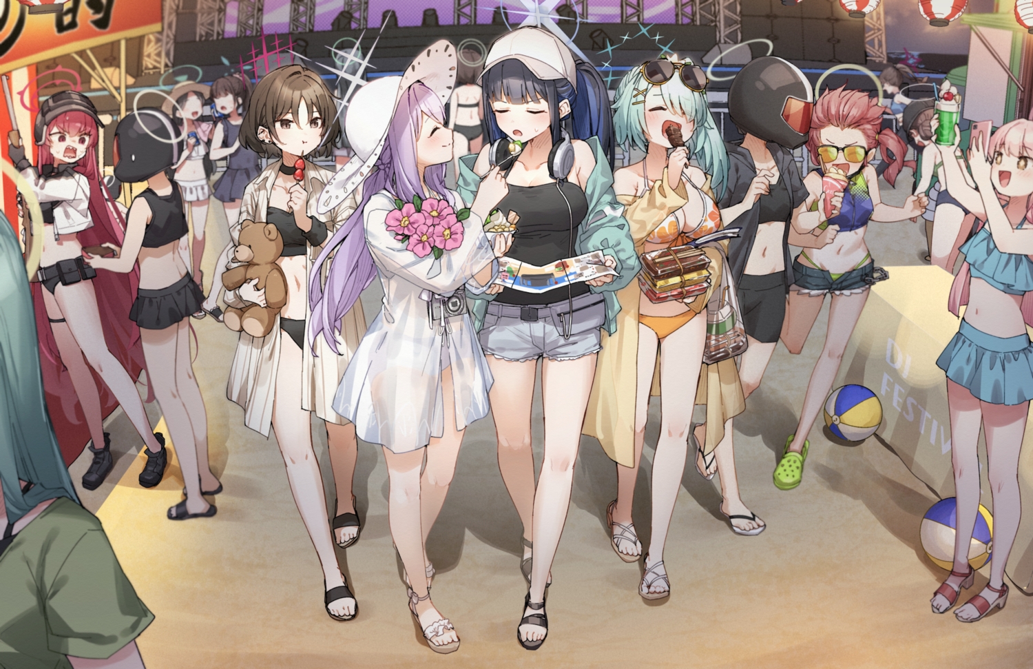 ball, bikini, black_hair, blue_archive, braids, breasts, brown_eyes, brown_hair, camera, candy, cherry, choker, cleavage, drink, flat_chest, flowers, food, fruit, garter, gloves, green_hair, group, hakari_atsuko, halo, hat, helmet_gangster_(blue_archive), hood, ice_cream, imashino_misaki, joumae_saori, komakaze_rabu, long_hair, navel, pink_hair, ponytail, purple_hair, red_eyes, red_hair, seaside_sukeban_(smg), see_through, shirt, short_hair, shorts, skirt, strawberry, sunglasses, swimsuit, teddy_bear, tsuchinaga_hiyori, twintails, wristwear, yukie_(kusaka_shi)