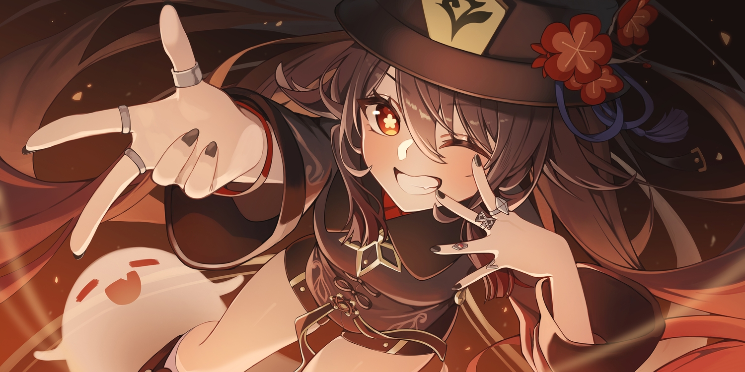 brown_hair, chinese_clothes, close, fang, genshin_impact, gya_(144), hat, hu_tao_(genshin_impact), long_hair, red_eyes, shorts, twintails, wink, wristwear