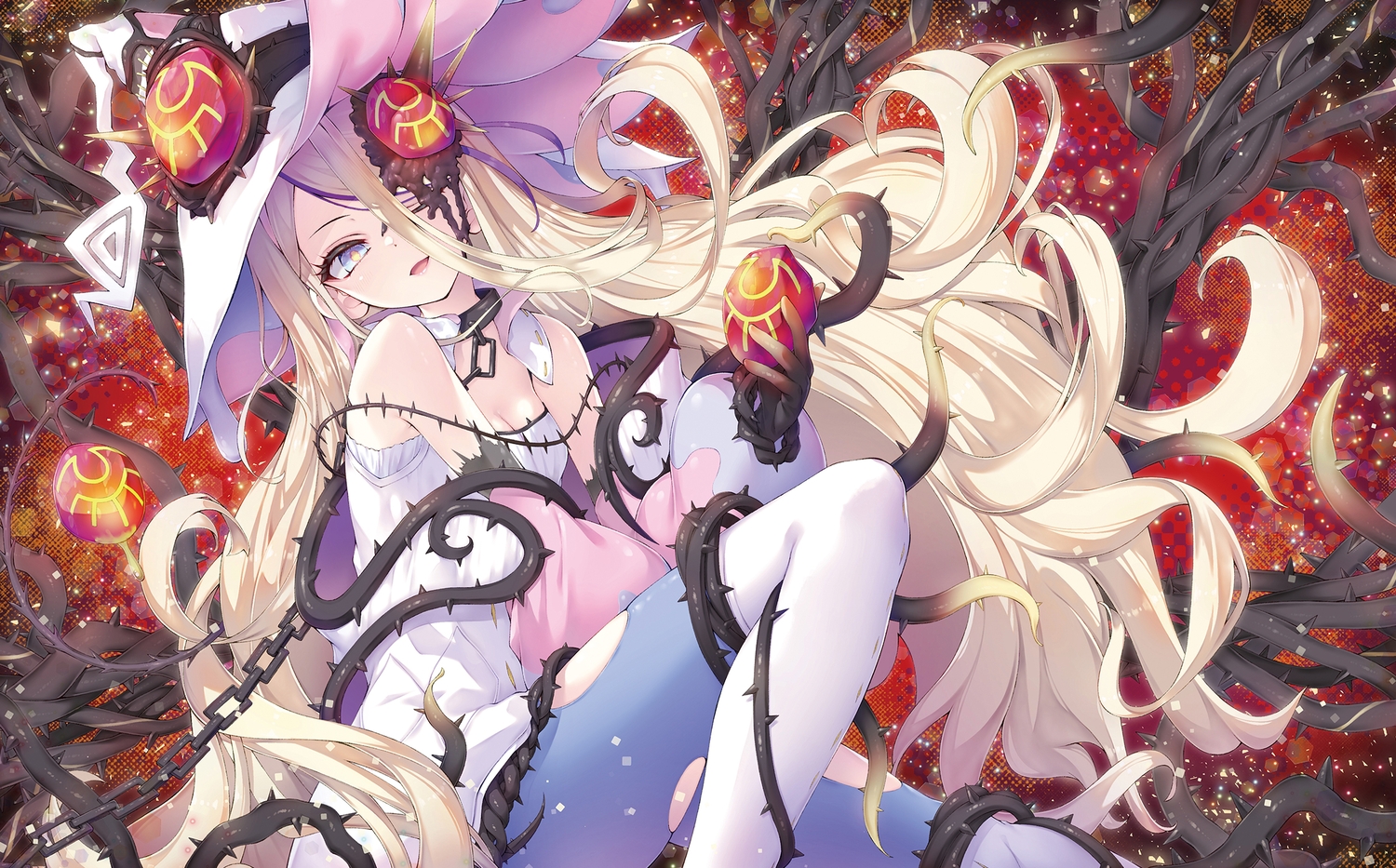 azamina_elzette_of_the_white_forest, blonde_hair, blue_eyes, blush, bondage, breasts, chain, cleavage