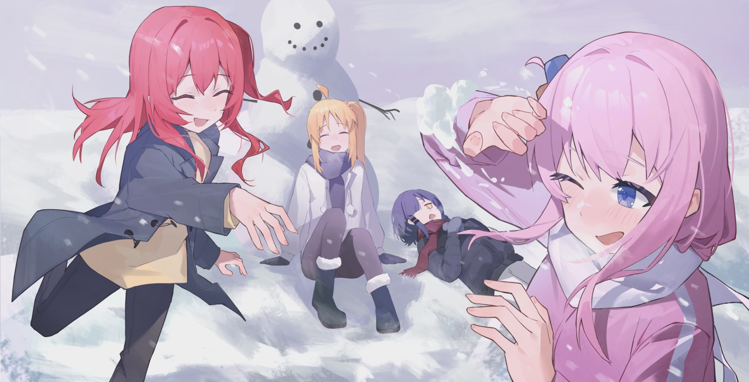 blonde_hair, blue_eyes, blue_hair, blush, bocchi_the_rock!, boots, gloves, gotou_hitori
