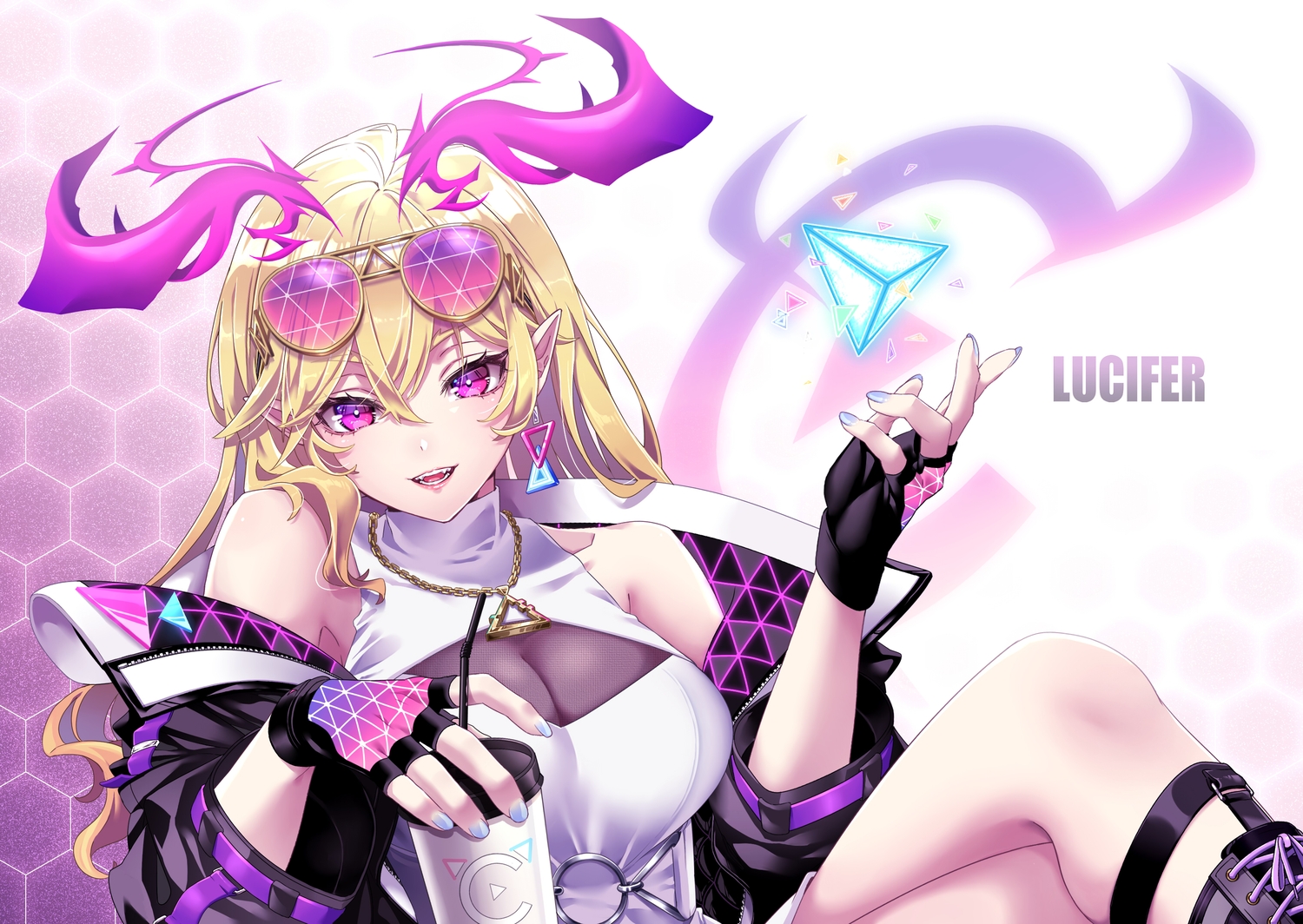 blonde_hair, boots, breasts, cleavage, drink, fang, garter, gloves, gradient, halo, long_hair, lucifer_(monsuto), monster_strike, necklace, pink_eyes, pointed_ears, see_through, sunglasses, yutatatata