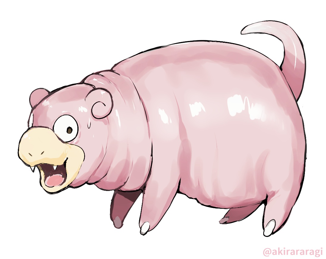 a-kiraa_(whisper), aliasing, black_eyes, fang, moo_deng, no_humans, parody, pokemon, sketch, slowpoke, watermark, white
