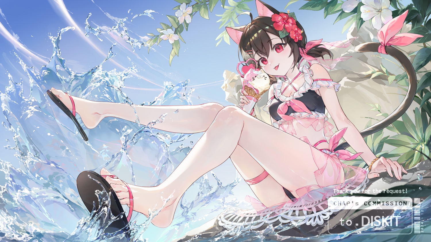animal_ears, bikini, blush, brown_hair, catgirl, cat_smile, chap_sal_!, cherry