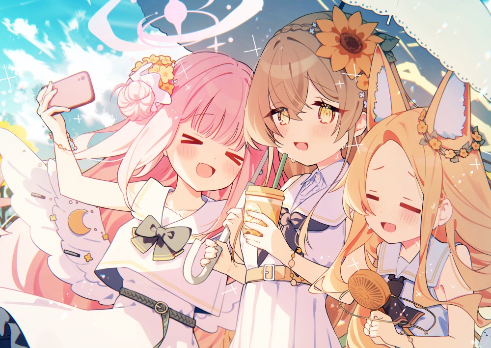 animal, animal_ears, bird, blue_archive, blush, bow, braids, brown_hair