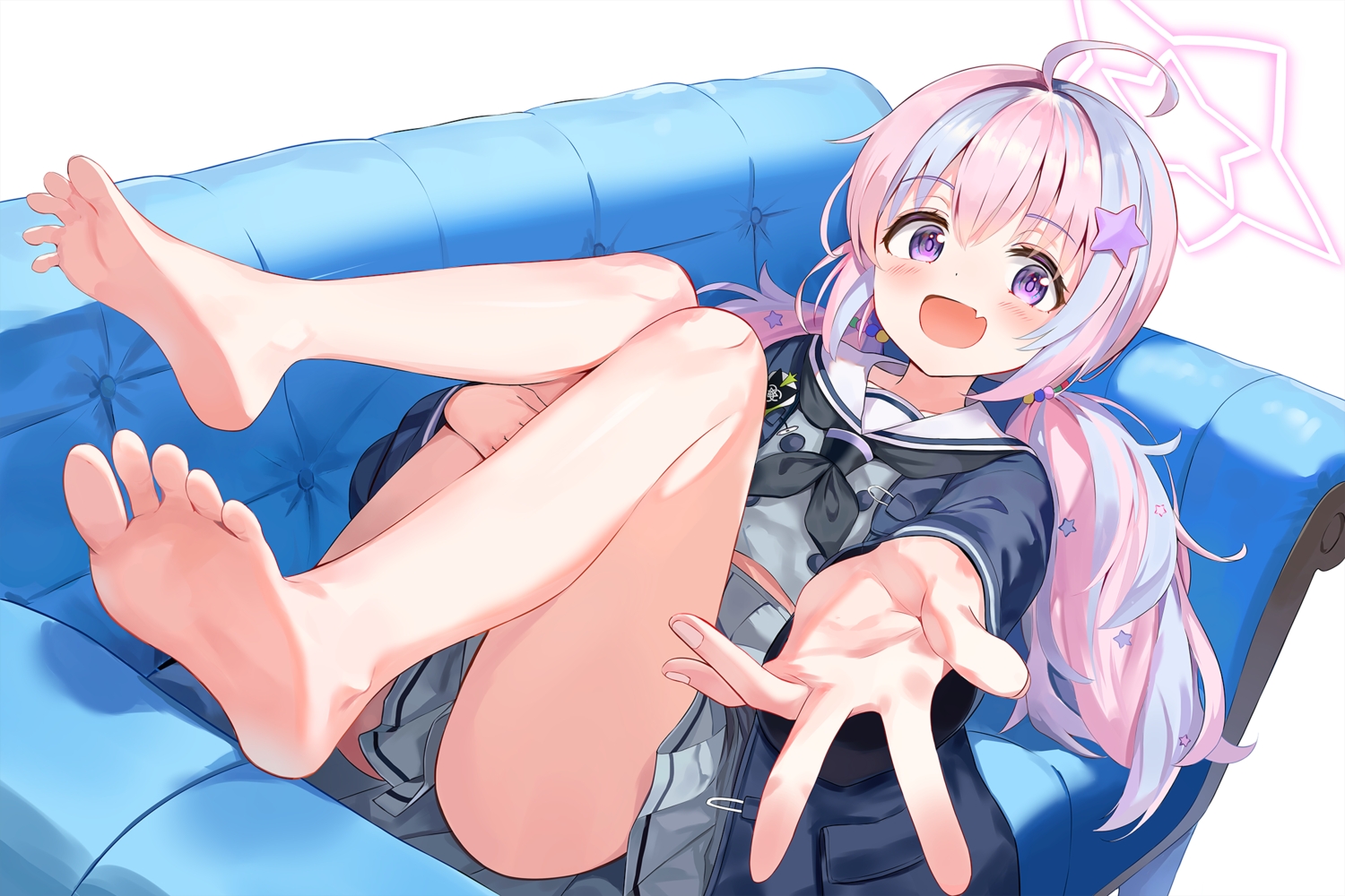 barefoot, blue_archive, blush, couch, fang, halo, loli, long_hair, pink_hair, purple_eyes, school_uniform, skirt, twintails, umou_(umouawa), uzawa_reisa