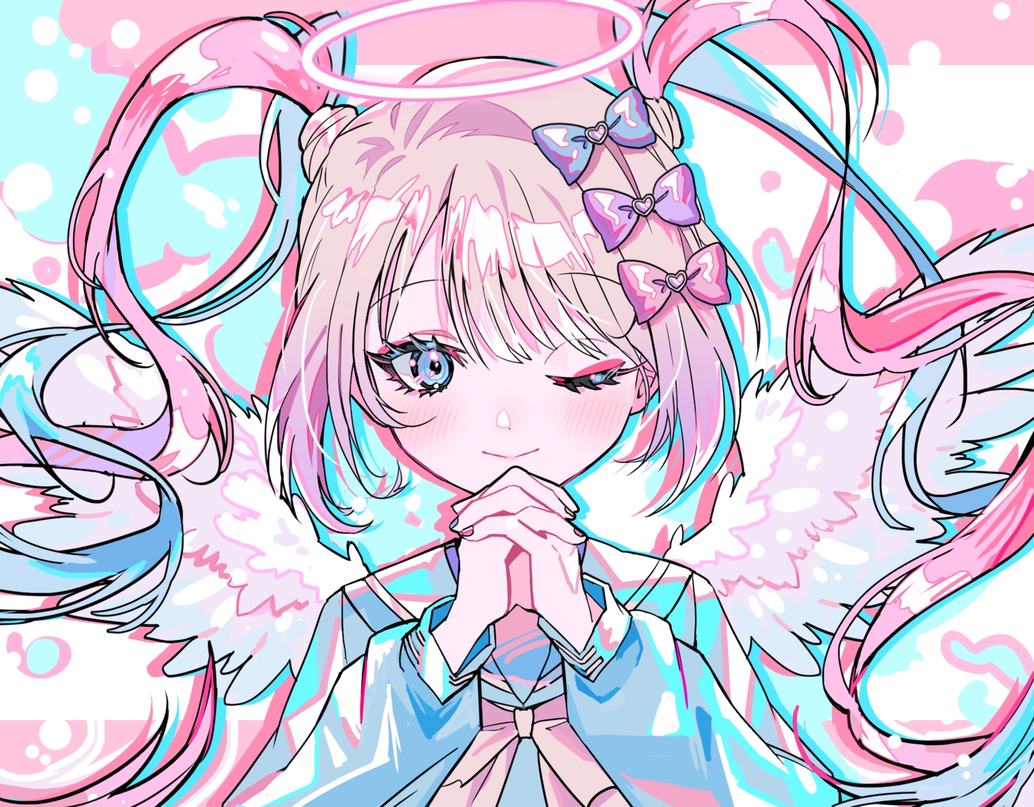 aliasing, angel, blonde_hair, blue_eyes, blush, bow, chouzetsusaikawa_tenshi-chan, close, halo, long_hair, mew_(mewrurirun), needy_girl_overdose, polychromatic, school_uniform, twintails, wings, wink