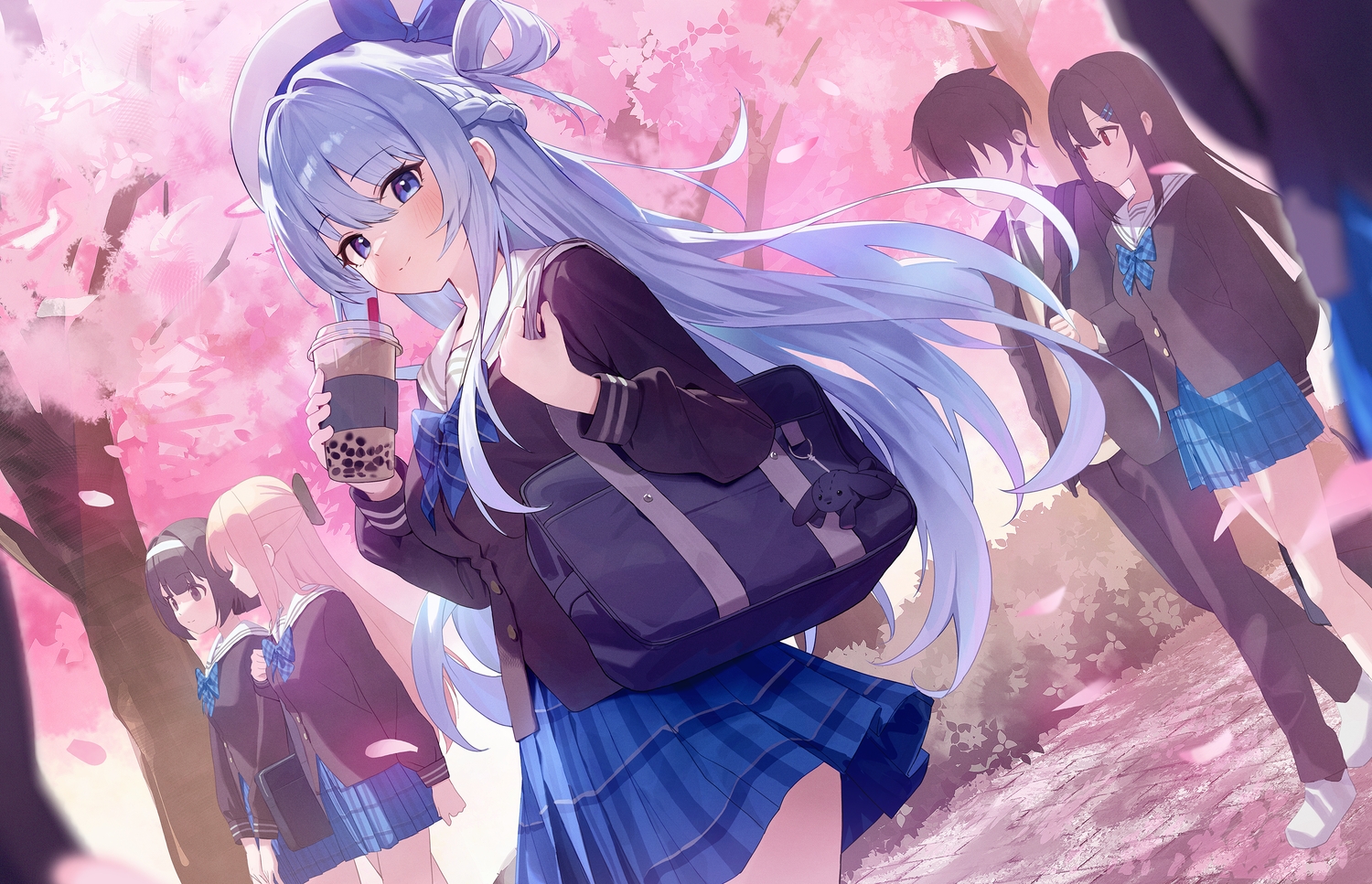 black_eyes, black_hair, blonde_hair, blue_eyes, blue_hair, blush, bow, braids