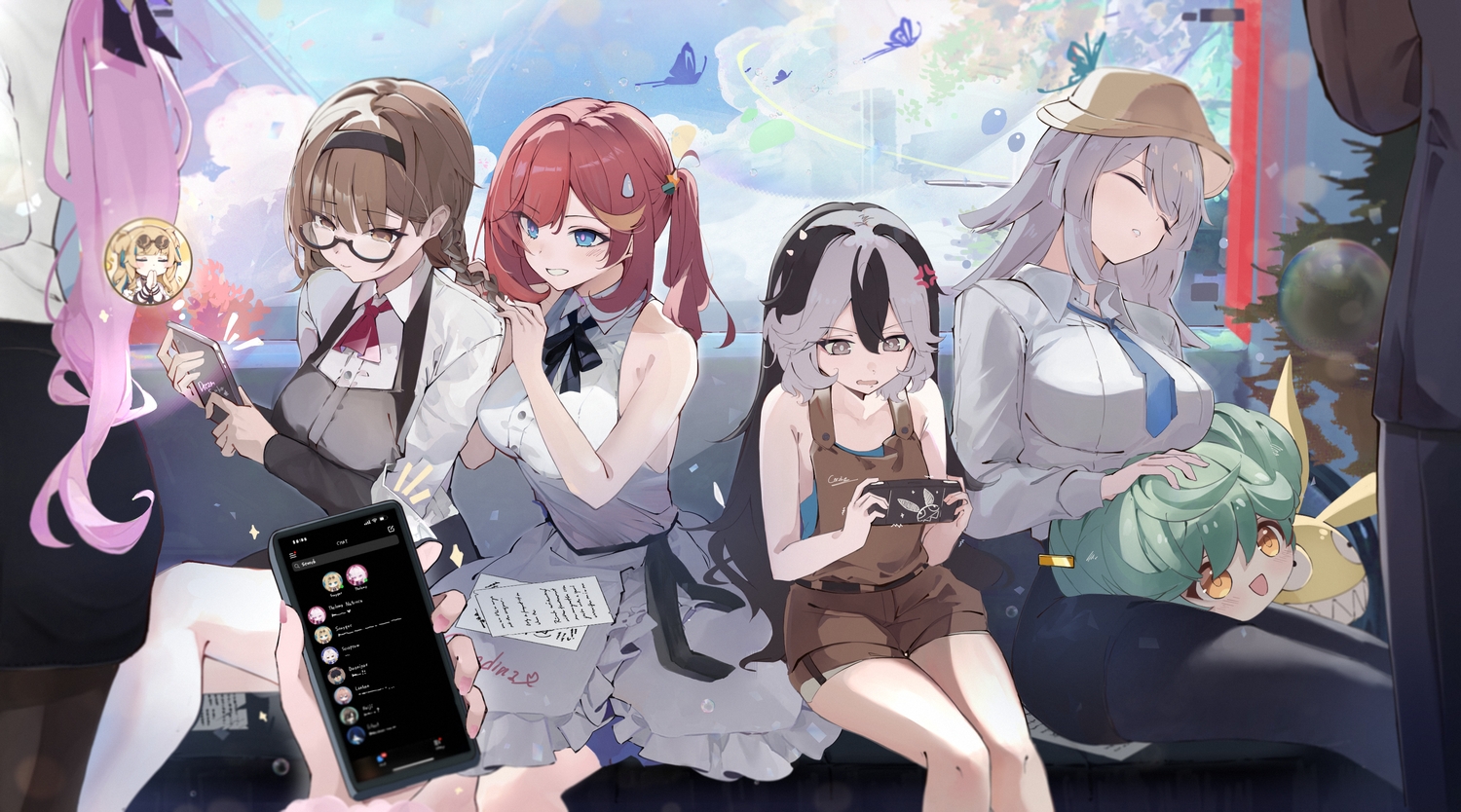 ai-chan_(honkai_impact), blonde_hair, blue_eyes, blush, bow, braids, brown_eyes, brown_hair