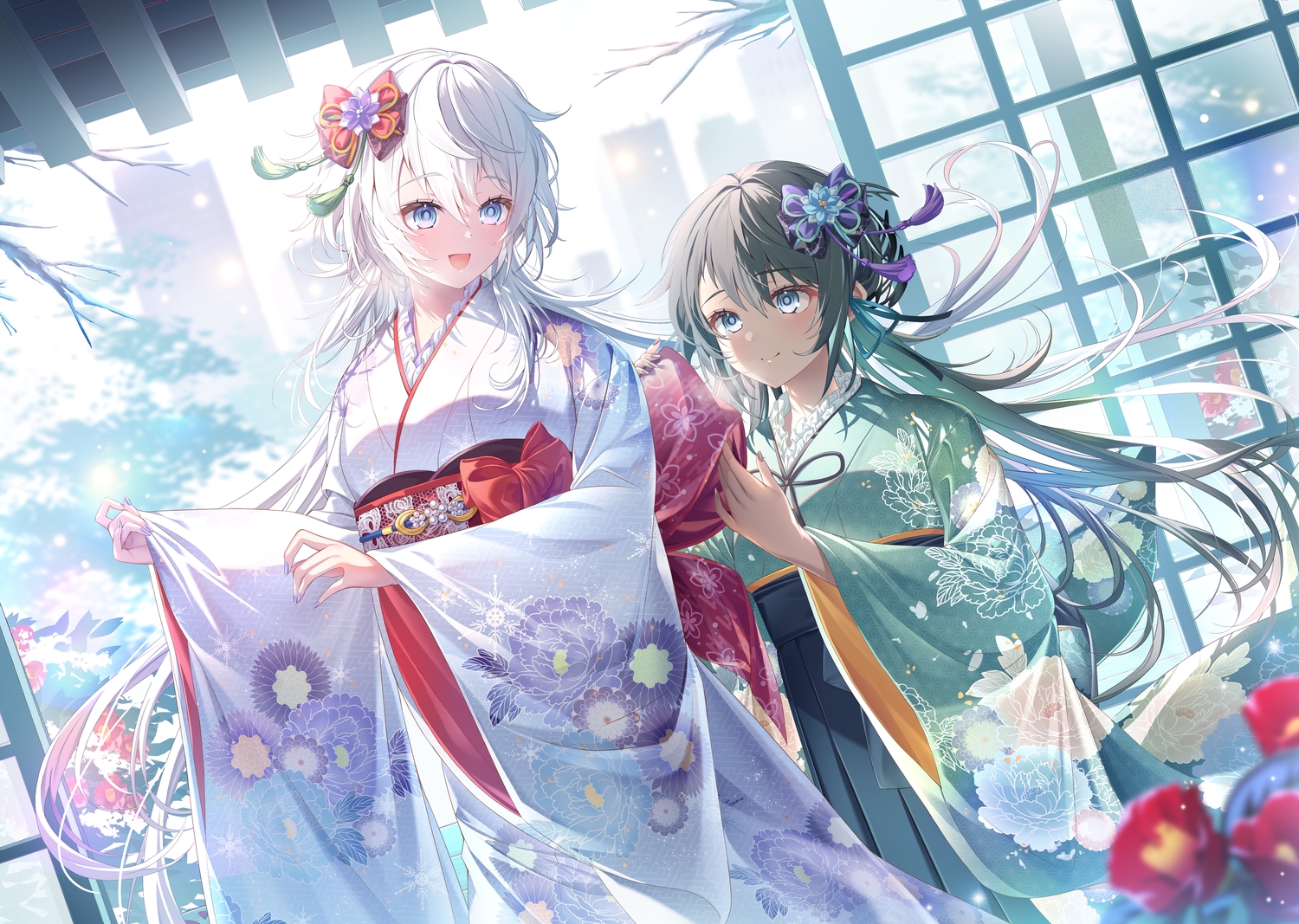 2girls, blue_eyes, bow, building, delilah_(tsui_no_stella), flowers, green_hair, japanese_clothes