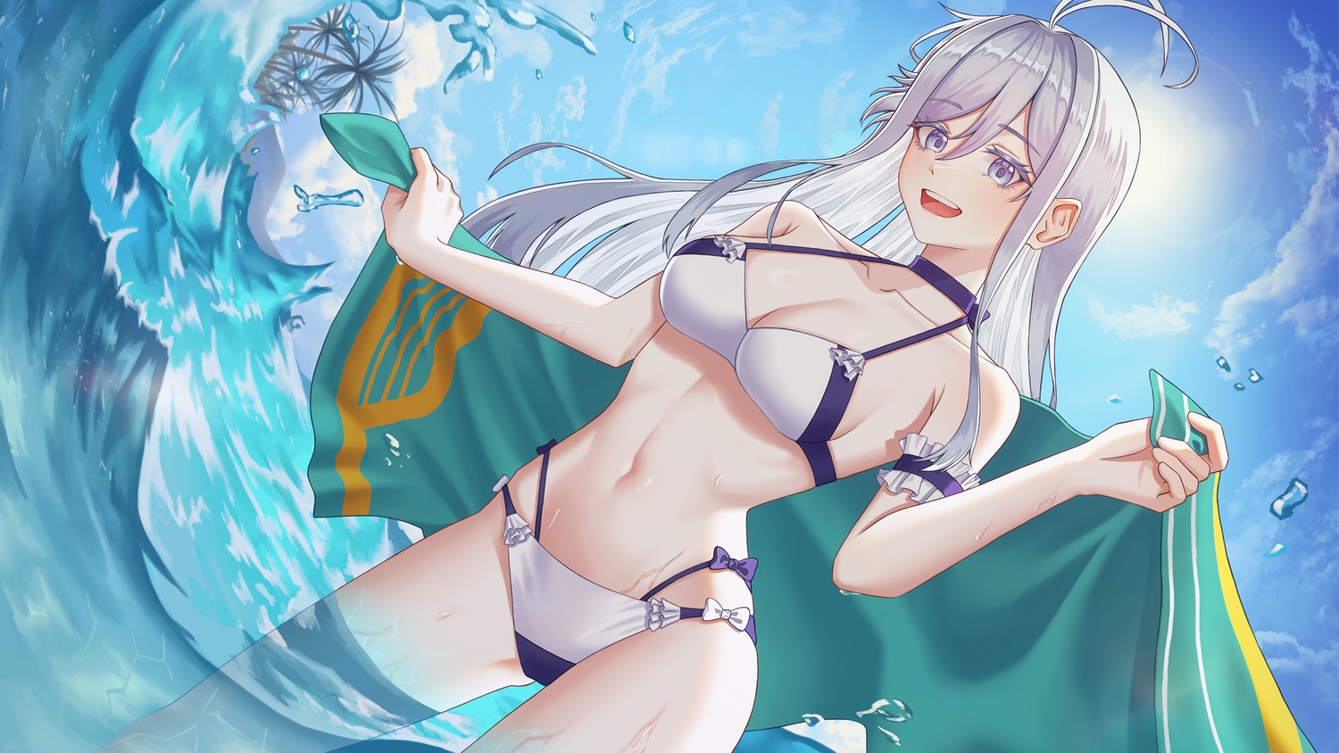86_(anime), bikini, breasts, choker, cleavage, clouds, gray_eyes, gray_hair, hanir, long_hair, navel, sky, swimsuit, towel, tree, vladilena_millize, water