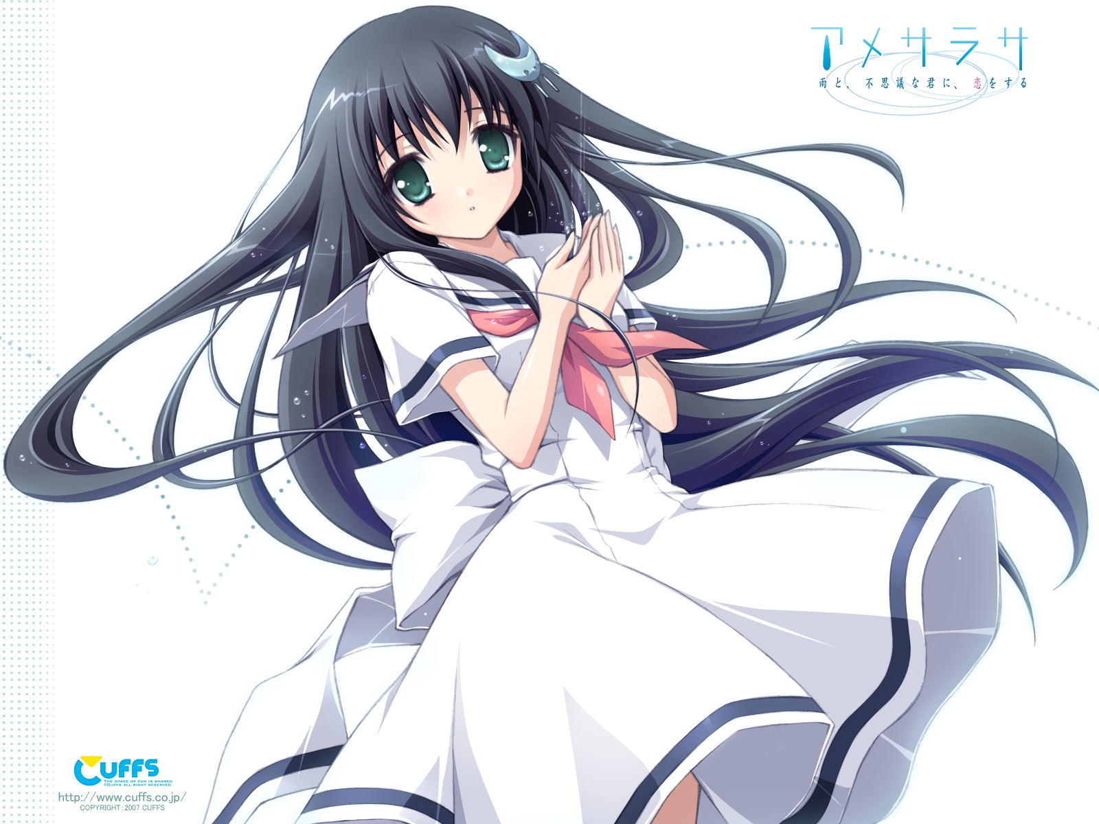 amesarasa, black_hair, blush, chiyokawa_rin, cuffs_(studio), dress, green_eyes, long_hair