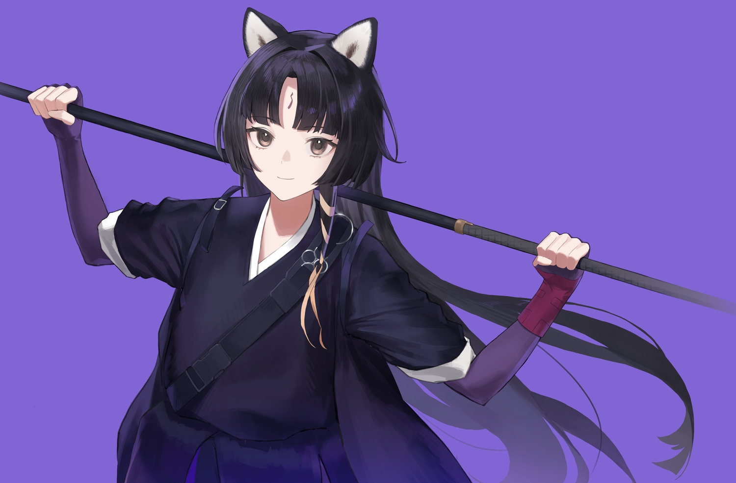 animal_ears, arknights, black_hair, brown_eyes, doggirl, elbow_gloves, gloves, japanese_clothes