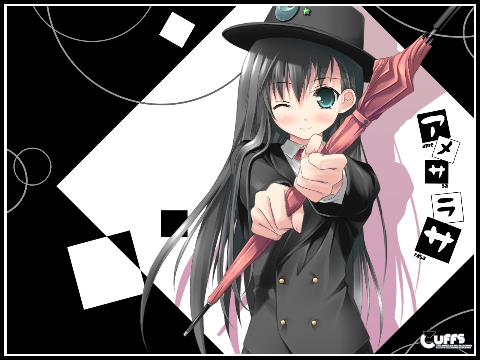 amesarasa, black_hair, blush, chiyokawa_rin, cuffs_(studio), green_eyes, hat, kantoku