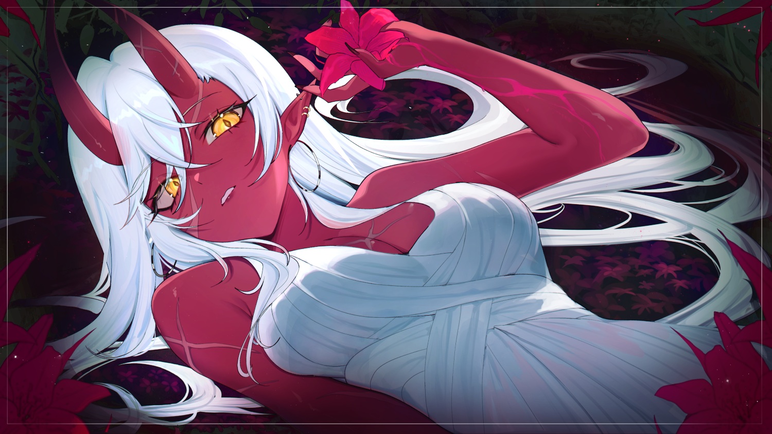 akumi_(yoclesh), breasts, cleavage, demon, dress, flowers, horns, indie_virtual_youtuber