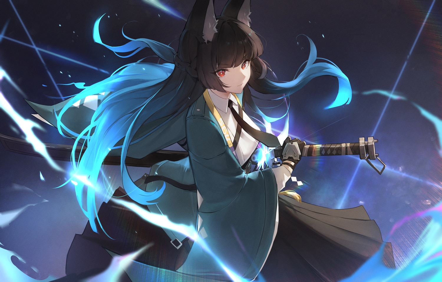 animal_ears, black_hair, braids, foxgirl, gloves, hoshimi_miyabi, japanese_clothes, jiang_zhuti_jiojio, katana, kimono, long_hair, magic, red_eyes, shirt, skirt, sword, tie, weapon, zenless_zone_zero
