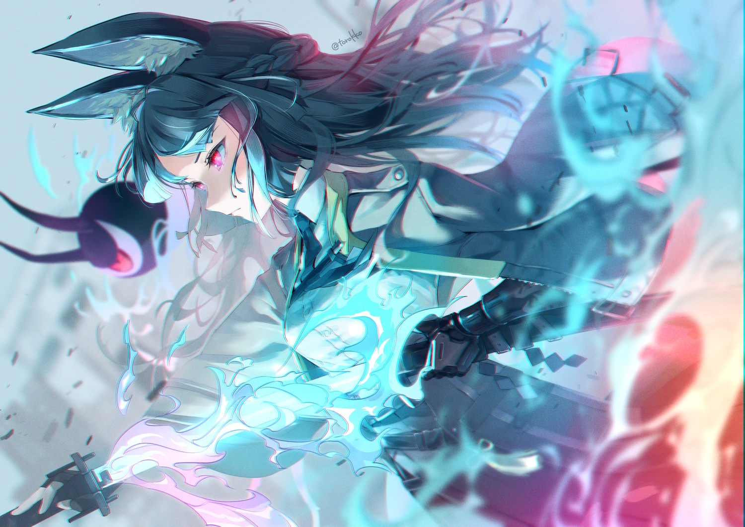 animal_ears, armor, black_hair, braids, elbow_gloves, foxgirl, gloves, hoshimi_miyabi