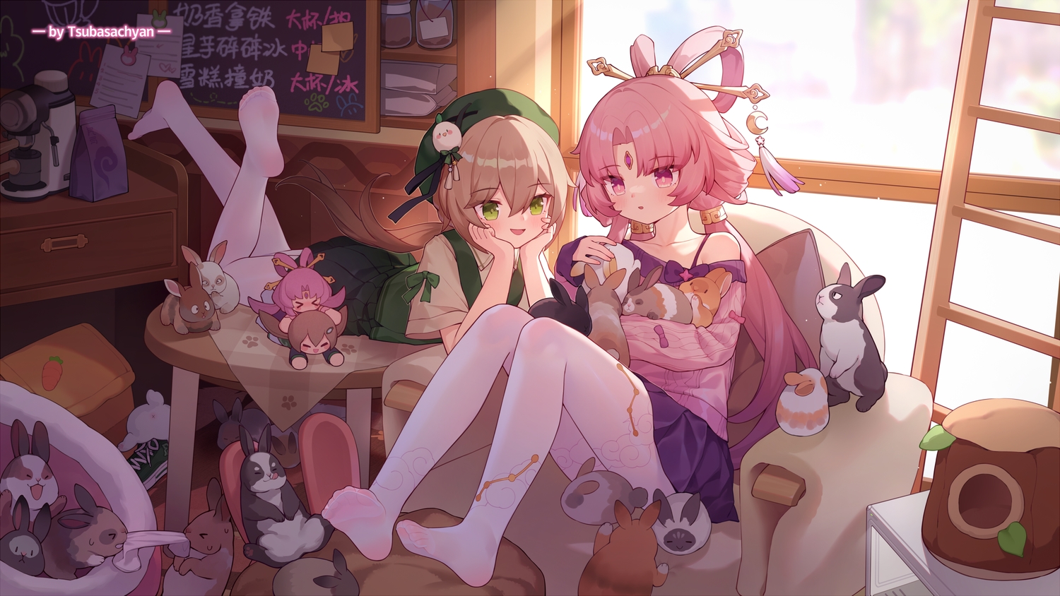 2girls, animal, blush, bow, brown_hair, doll, fu_xuan_(honkai:_star_rail), green_eyes