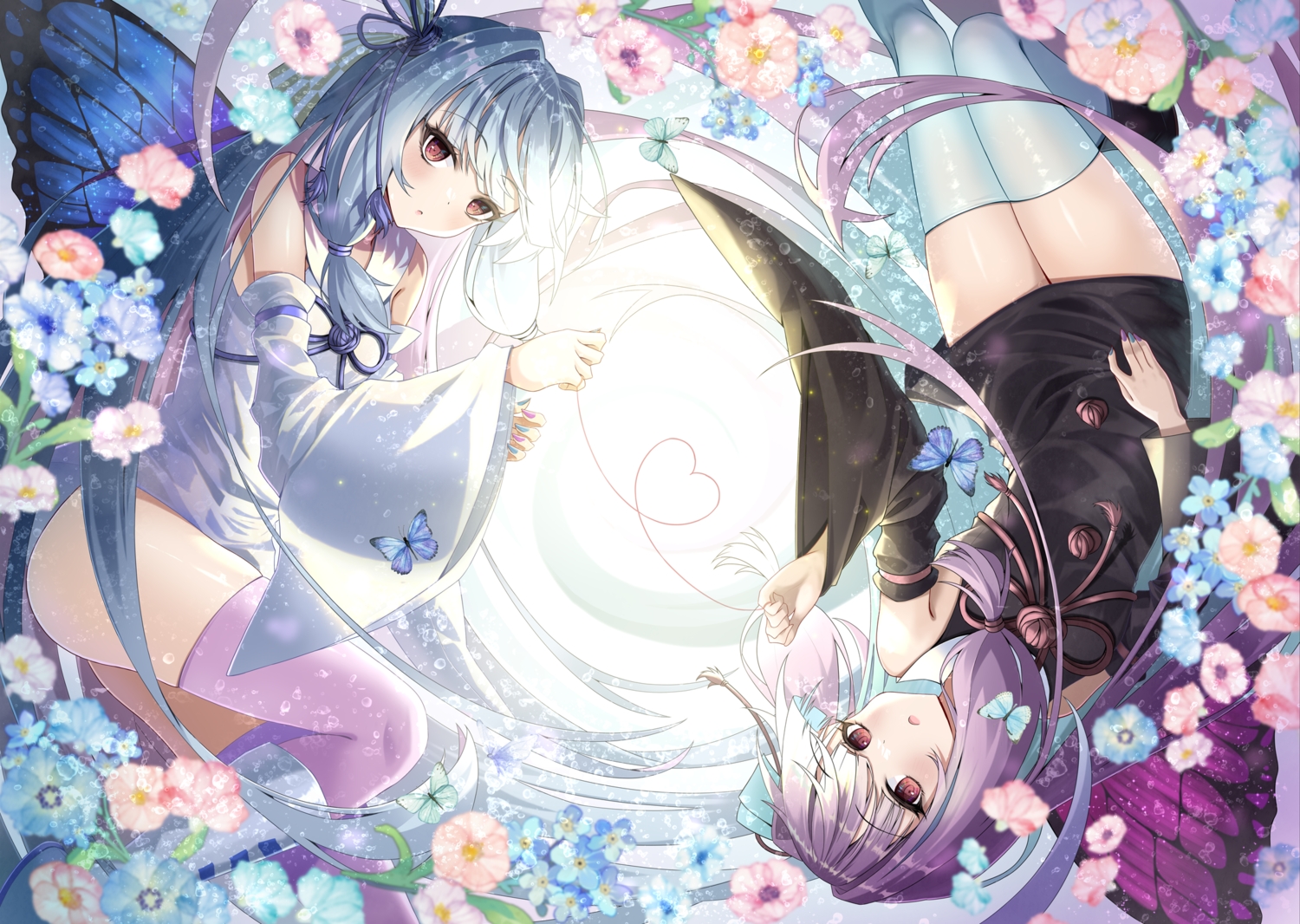 2girls, blue_hair, blush, boots, butterfly, dress, flowers, kotonoha_akane