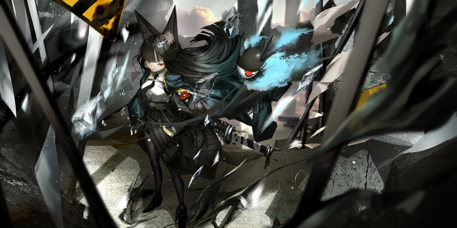 animal_ears, armor, black_hair, braids, foxgirl, gloves, hoshimi_miyabi, japanese_clothes, katana, kimono, long_hair, naruwe, pantyhose, red_eyes, shirt, skirt, sword, tailless_(zenless_zone_zero), tie, weapon, zenless_zone_zero