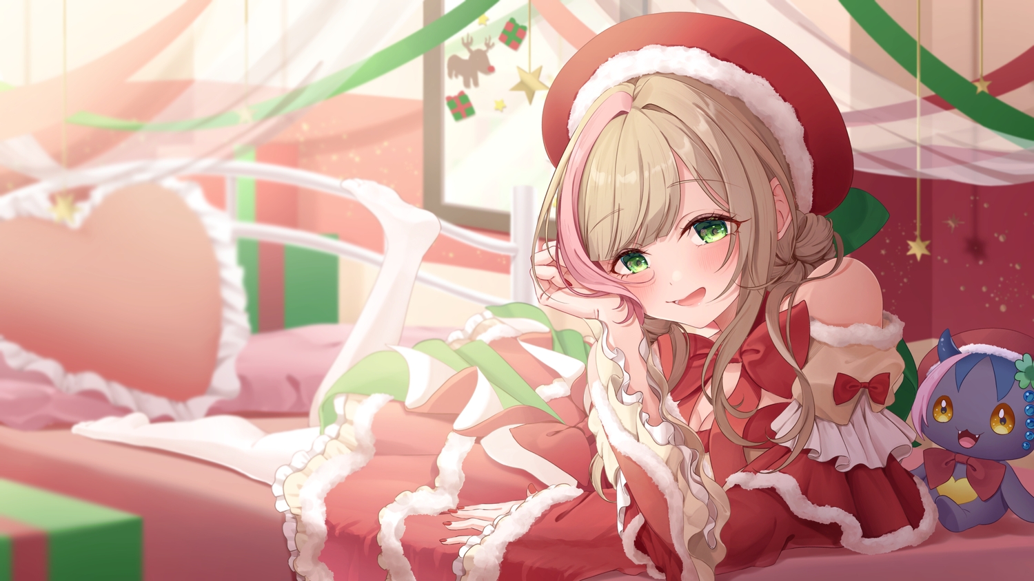 amano_mano, blush, bow, breasts, brown_hair, christmas, cleavage, dress, green_eyes, hat, indie_virtual_youtuber, lllconfidential, lolita_fashion, long_hair, pantyhose, ribbons