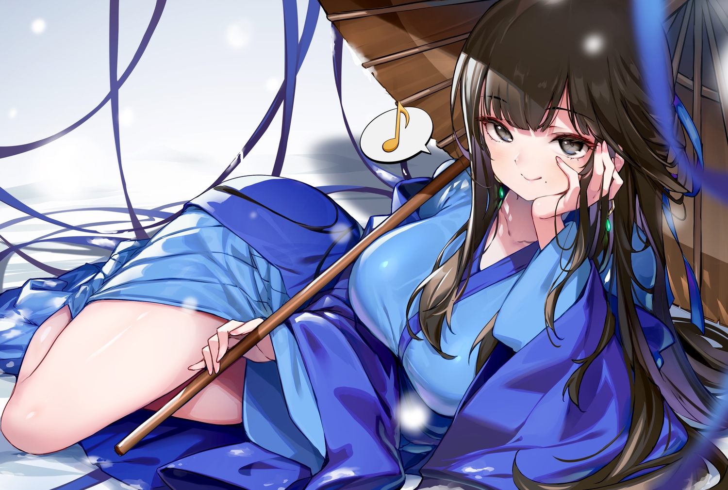 aliasing, black_eyes, black_hair, blush, breasts, chinese_clothes, hat, hong_(white_spider), legend_of_mortal, long_hair, music, ribbons, skirt_lift, umbrella, xiahou_lan
