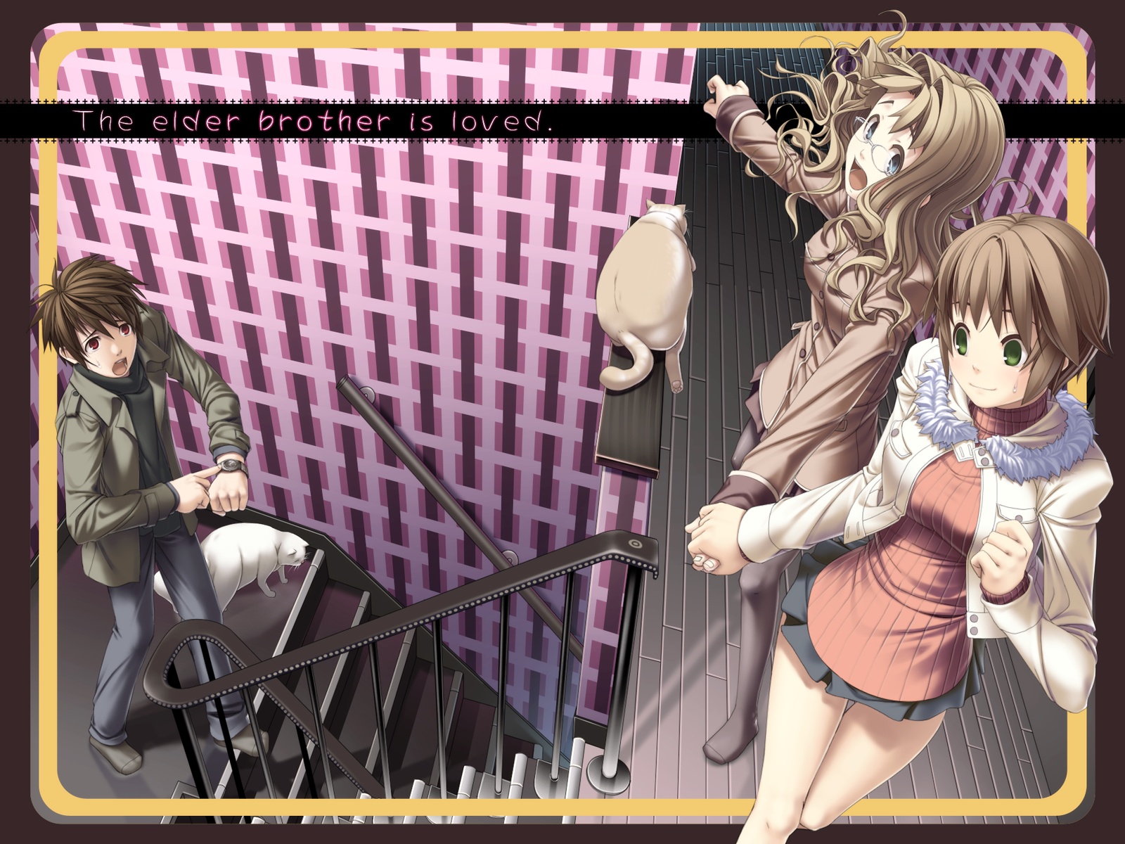 animal, blue_eyes, brown_eyes, brown_hair, cat, cuffs_(studio), green_eyes, hazuki_mao