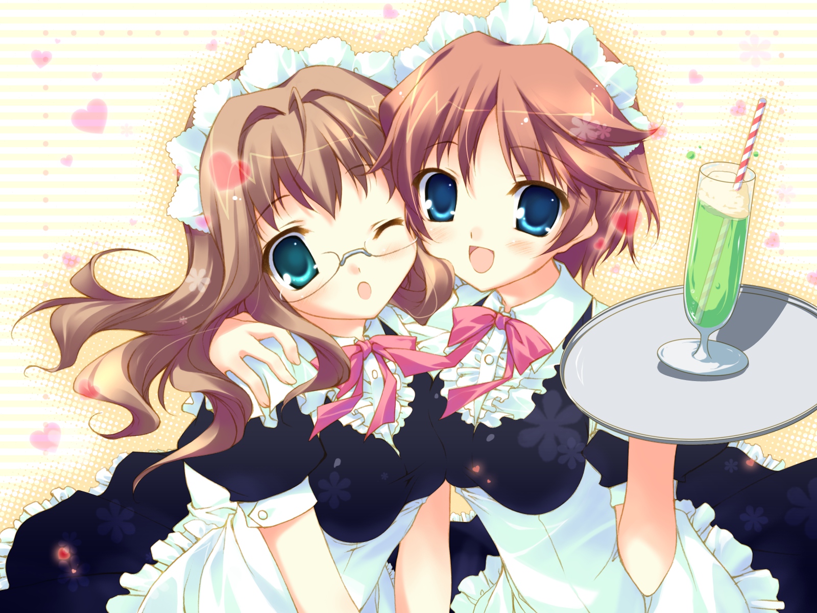 2girls, aqua_eyes, blue_eyes, brown_hair, chikotam, cuffs_(studio), drink, glasses, hazuki_mao, hazuki_rio, headdress, maid, onii-chan_daaisuki!, waitress, wink