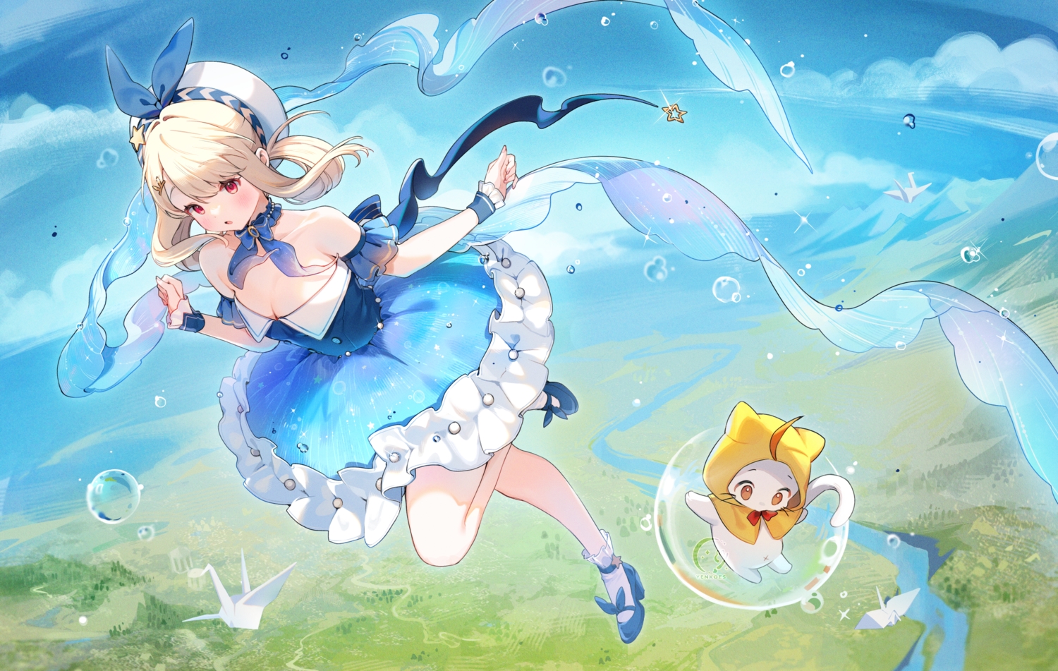 animal, blonde_hair, blush, bow, breasts, bubbles, cape, cat, choker, cleavage, clouds, dress, grass, hat, hood, infinity_nikki, landscape, momo_(nikki), nikki_(nikki), nikki_(series), paper, red_eyes, scenic, sky, socks, water, watermark, wristwear, yenkoes