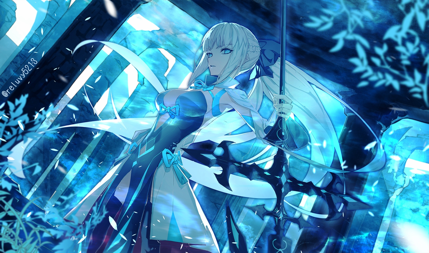 aliasing, blue, blue_eyes, bow, braids, cape, dress, fate/grand_order