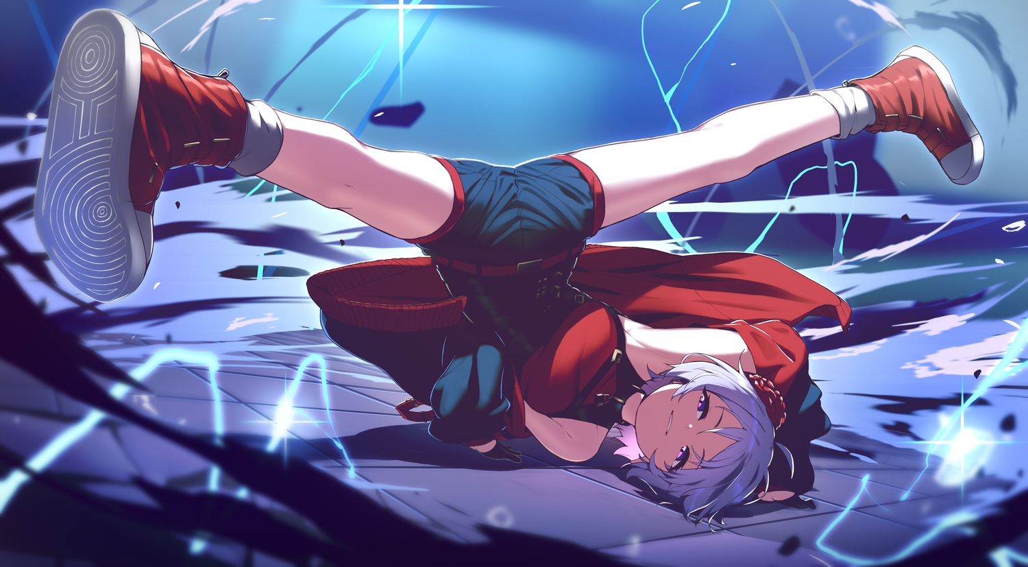 collar, gloves, gray_hair, hoplitx, magic, original, purple_eyes, short_hair