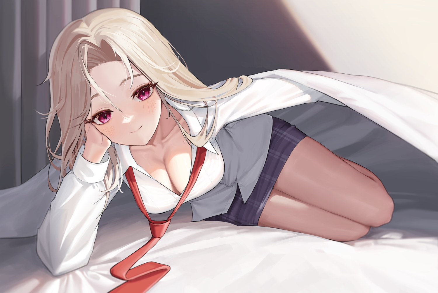 bed, blonde_hair, blush, breasts, cleavage, close, ein_(nikke), goddess_of_victory:_nikke