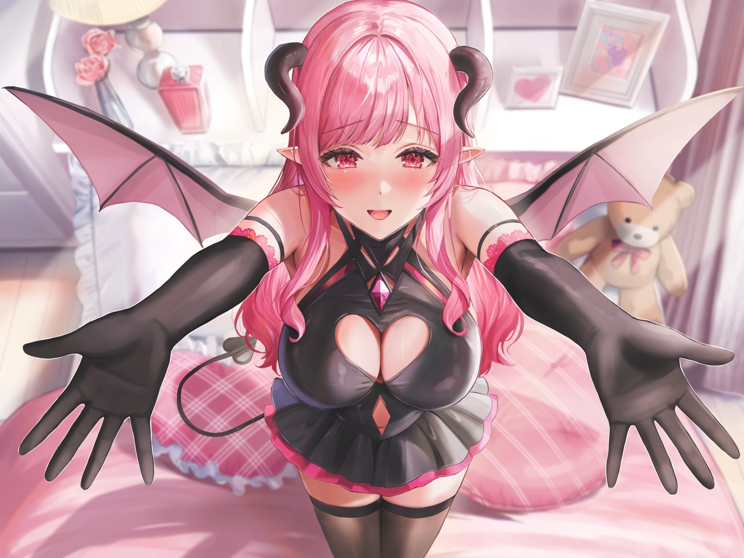 bed, breasts, cleavage, close, demon, dress, elbow_gloves, gloves, horns, long_hair, navel, original, pink_eyes, pink_hair, pointed_ears, sakamuke, succubus, tail, teddy_bear, thighhighs, wings, zettai_ryouiki