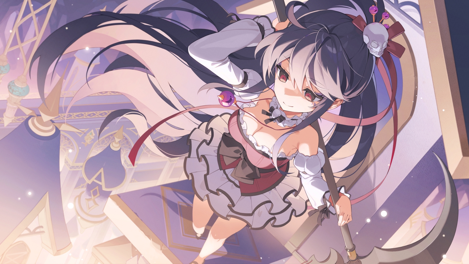 black_eyes, black_hair, bow, breasts, building, choker, cleavage, close