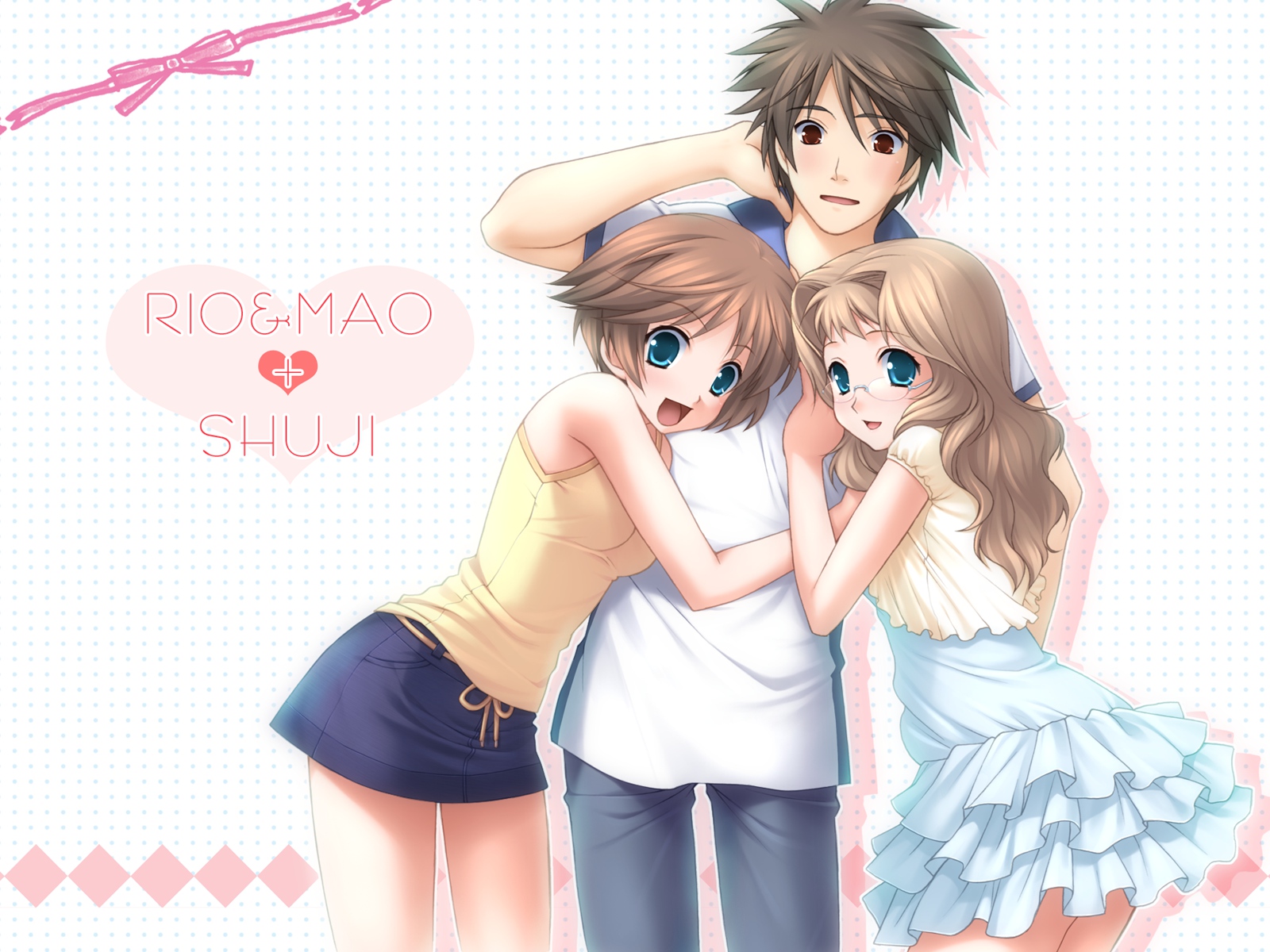 aqua_eyes, brown_eyes, brown_hair, cuffs_(studio), glasses, hazuki_mao, hazuki_rio, hazuki_yuichi, hug, long_hair, onii-chan_daaisuki!, short_hair