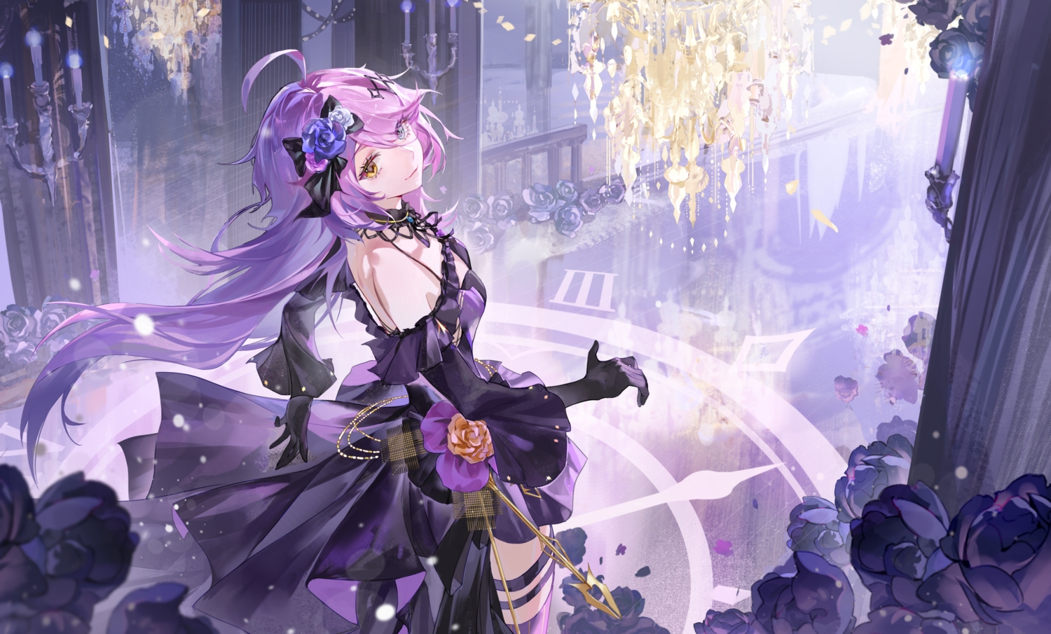 bicolored_eyes, bow, choker, dress, elbow_gloves, flowers, garter, gloves
