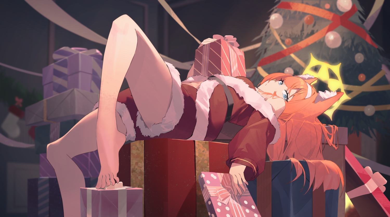 animal_ears, aqua_eyes, barefoot, blue_archive, catgirl, christmas, halo, headband, iochi_mari, long_hair, orange_hair, ribbons, riok_hh, santa_costume, shorts, tree
