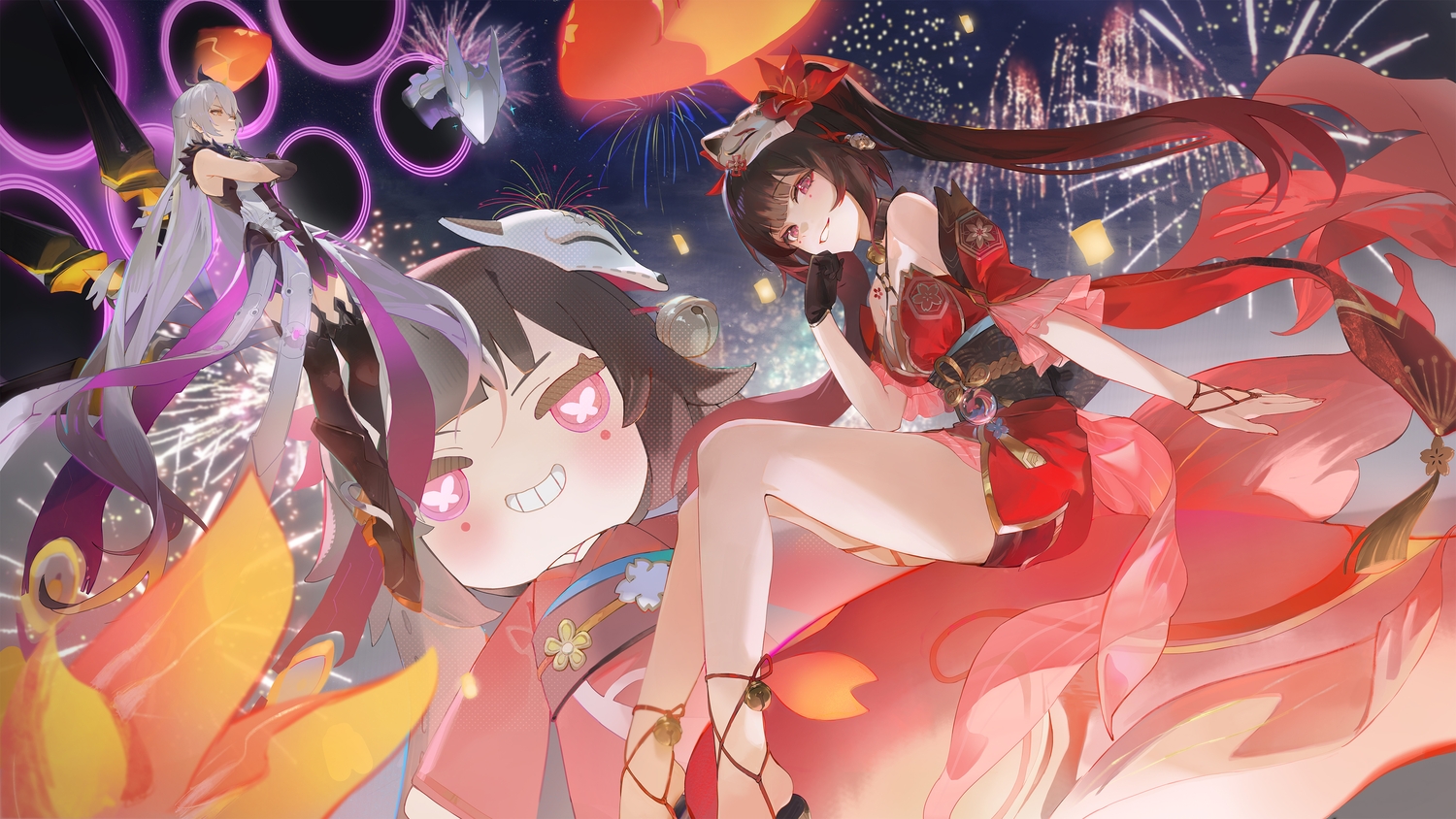 2girls, bell, benares_(honkai_impact), boots, brown_hair, collar, dragon, dress