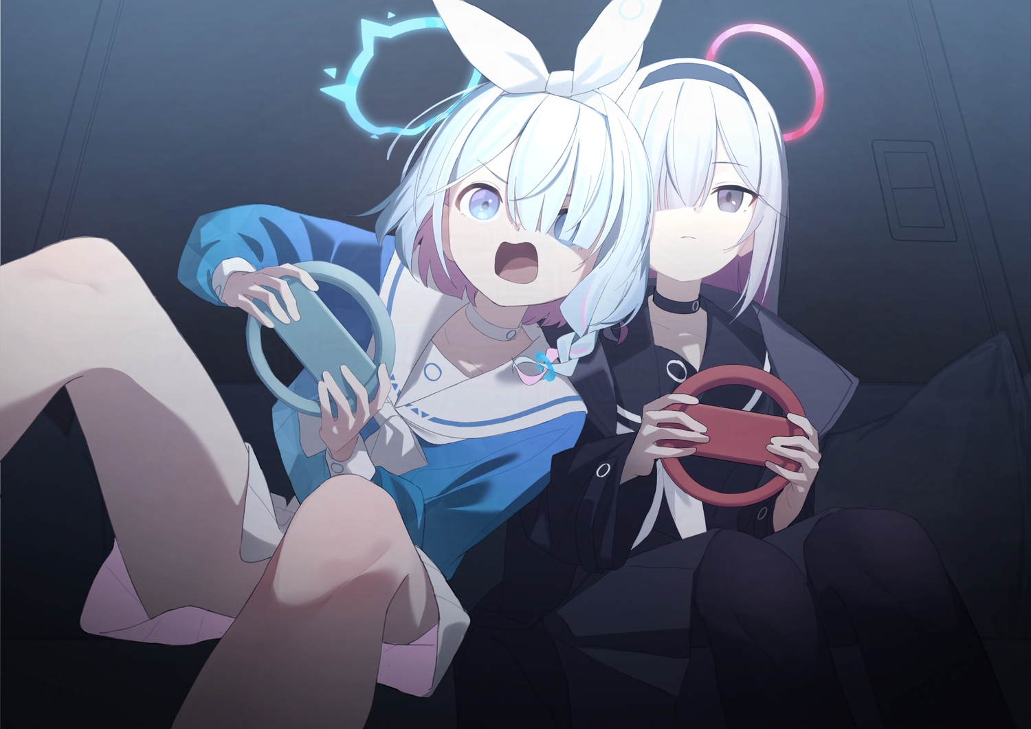 2girls, anohito401, arona_(blue_archive), blue_archive, blue_eyes, blue_hair, choker, game_console