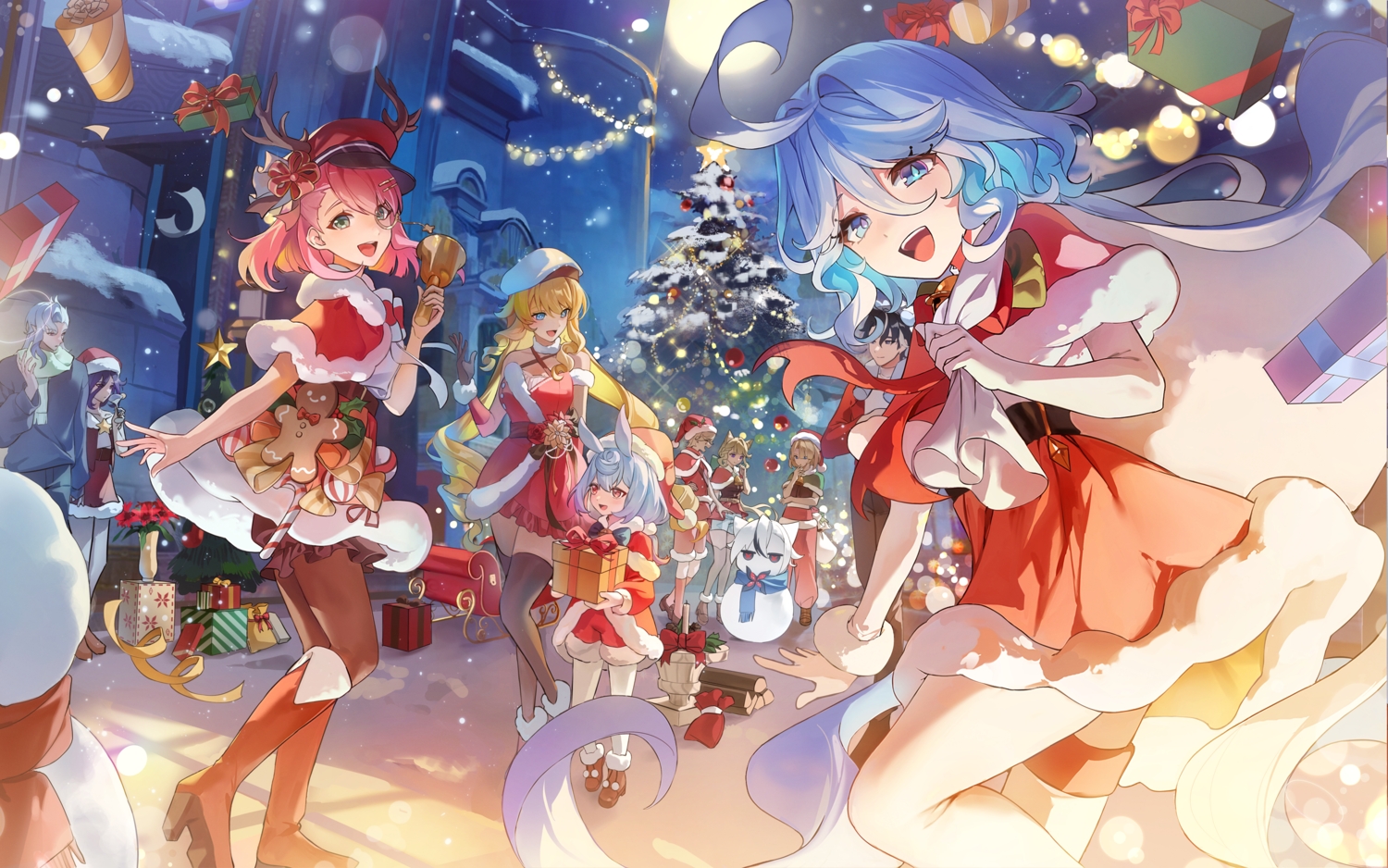 animal_ears, bell, bicolored_eyes, black_hair, blonde_hair, blue_eyes, blue_hair, boots
