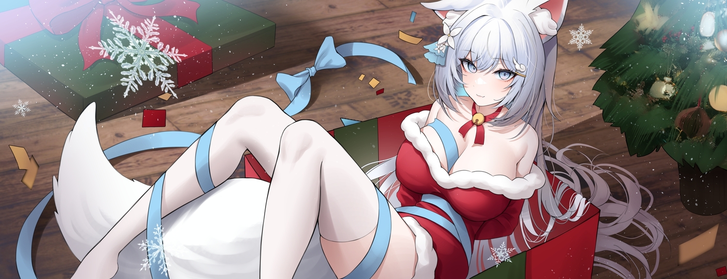 aliasing, animal_ears, bell, bow, breasts, choker, christmas, cleavage