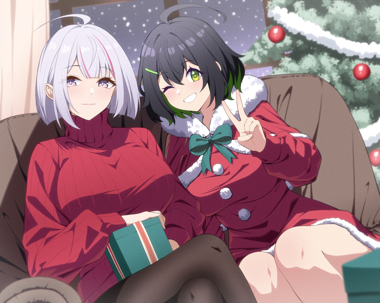 2girls, aika_(reia_76), black_hair, cape, christmas, dress, gray_hair, green_eyes, hood, maika_(reia_76), night, original, pantyhose, pink_eyes, reia_76, santa_costume, short_hair, snow, tree, wink