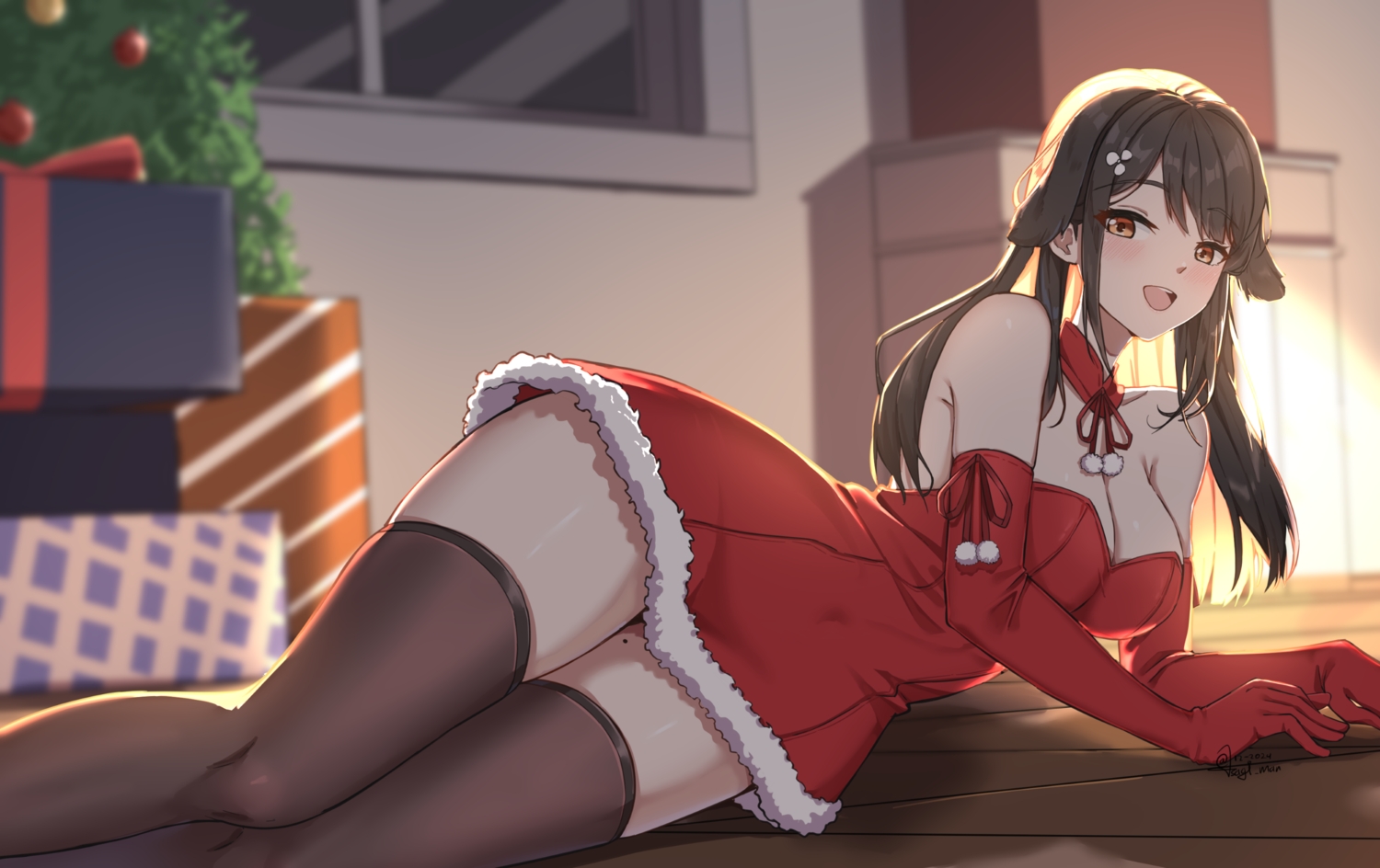 animal_ears, anthropomorphism, as4gi, azur_lane, black_hair, blush, breasts, choker, choukai_(azur_lane), christmas, cleavage, doggirl, dress, elbow_gloves, gloves, long_hair, orange_eyes, santa_costume, signed, thighhighs, tree, zettai_ryouiki