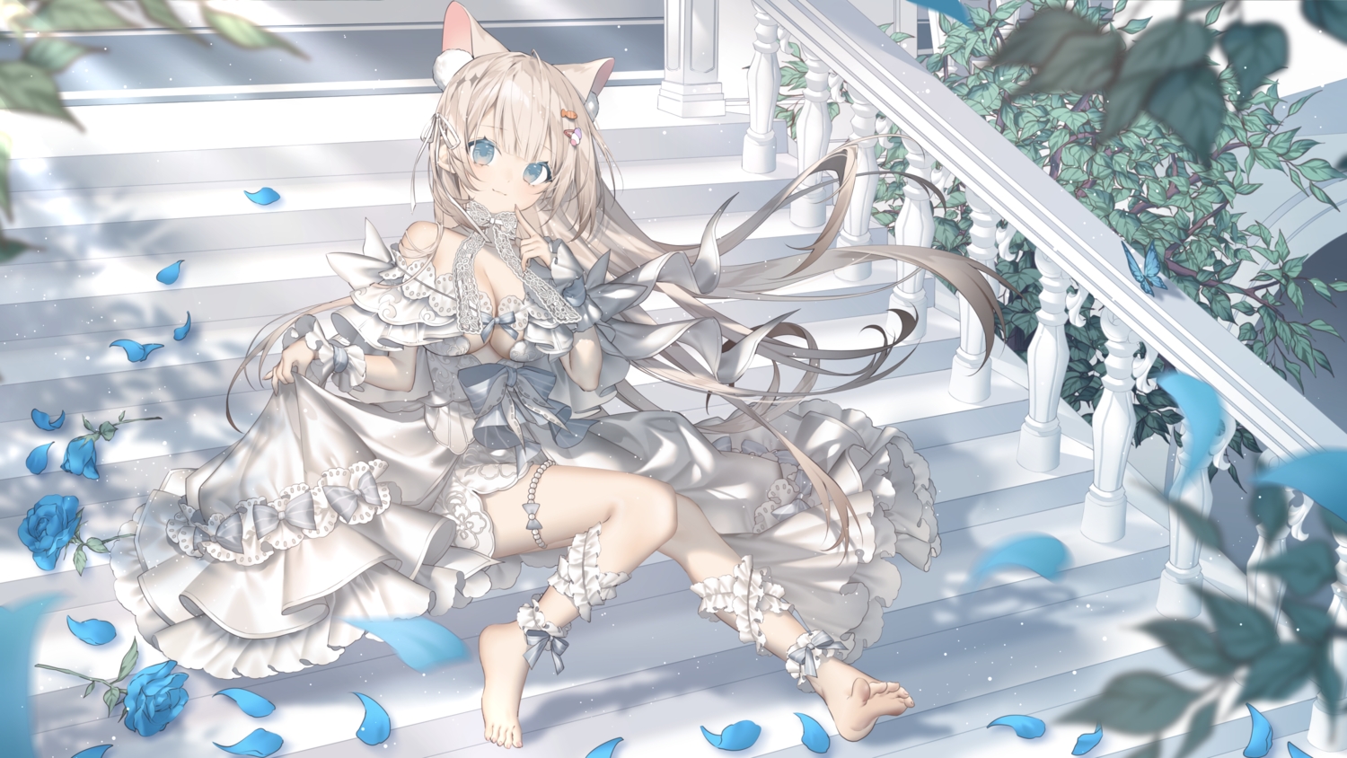 animal_ears, barefoot, blue_eyes, bow, breasts, brown_hair, butterfly, catgirl, cleavage, dress, garter, kotarou_(kot_mochi), leaves, long_hair, petals, skirt_lift, stairs, tsukimachi_nyamo, wristwear