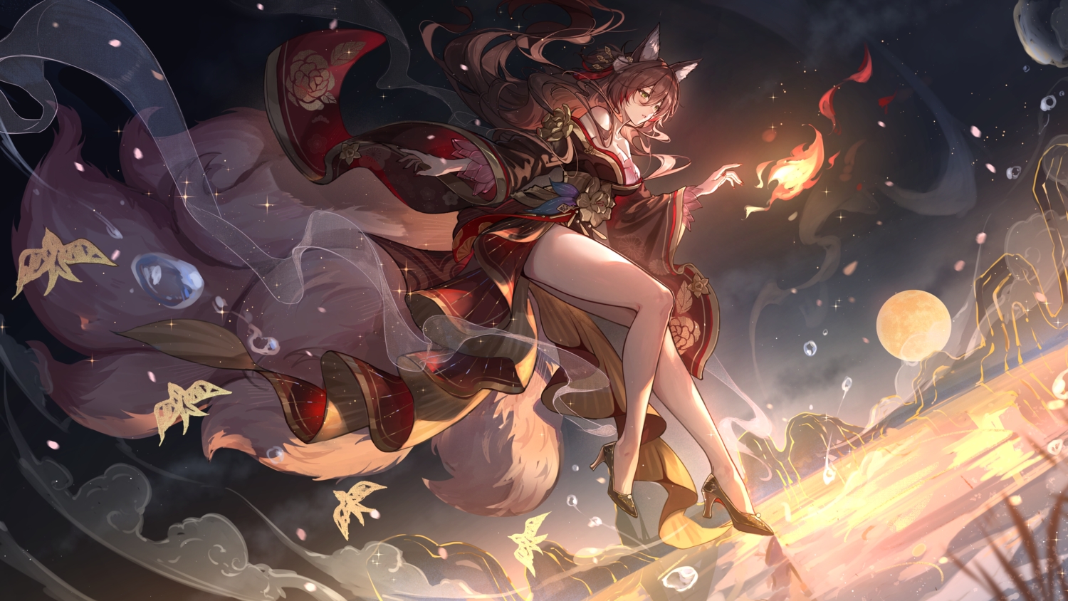animal_ears, blush, breasts, brown_hair, cleavage, dress, fire, foxgirl