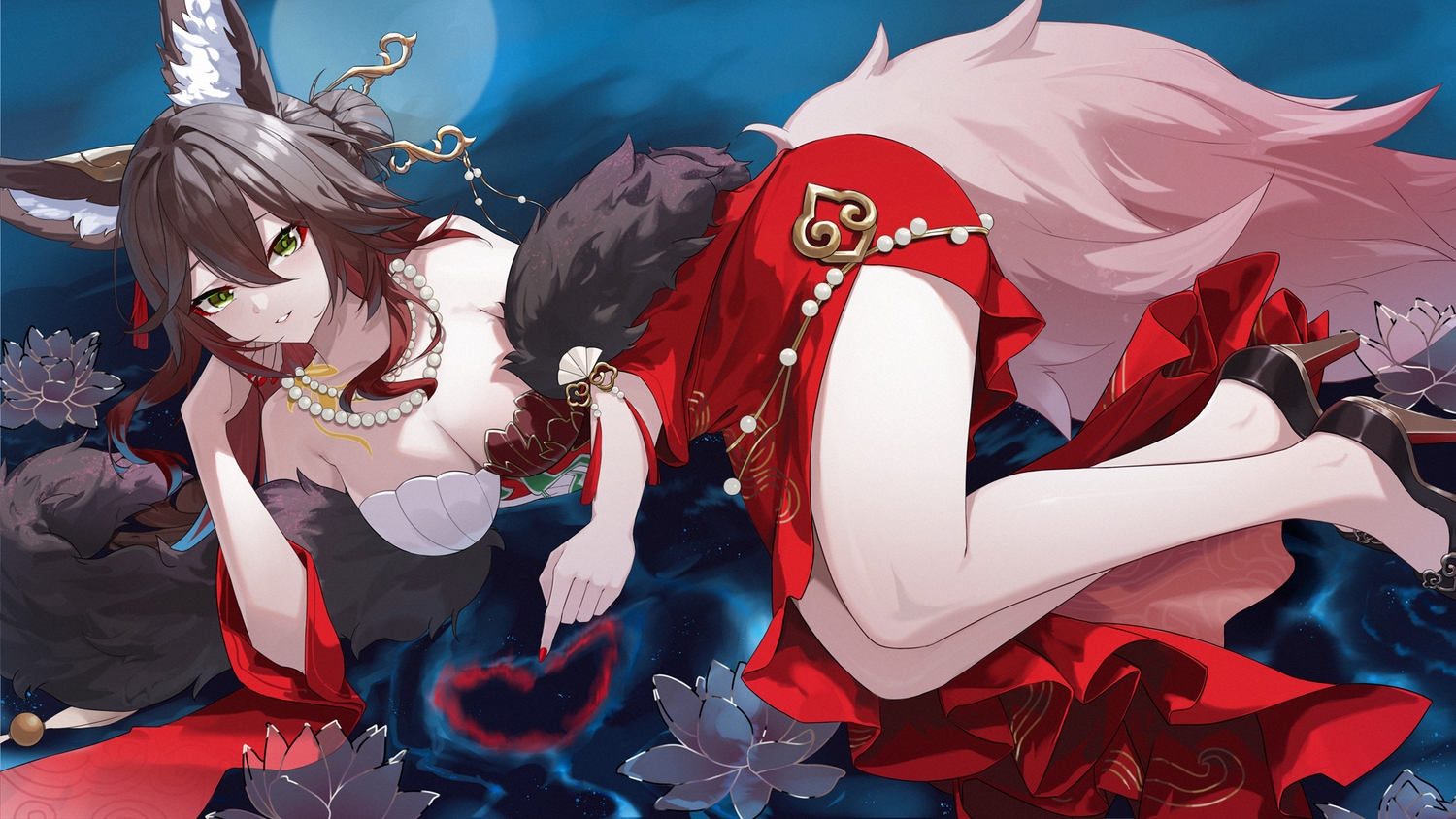 animal_ears, breasts, brown_hair, cleavage, dress, flowers, foxgirl, green_eyes