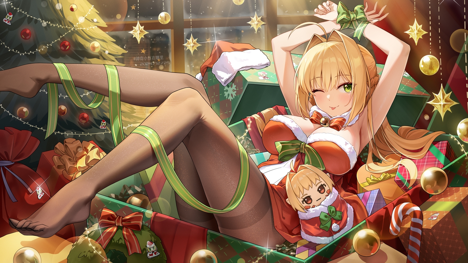 bell, blonde_hair, blush, bondage, bow, braids, breasts, building, city, cleavage, doll, dress, fate/grand_order, fate_(series), green_eyes, hat, long_hair, nero_claudius_(fate), night, pantyhose, pointed_ears, queen_draco_(fate), ribbons, santa_costume, santa_hat, shenqi_xiao_hong_zai_nali, tree, watermark, wink