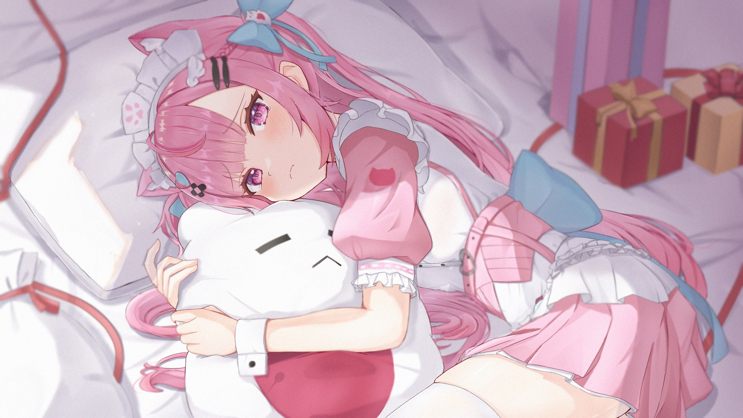 animal_ears, apron, bed, blush, bow, braids, catgirl, christmas